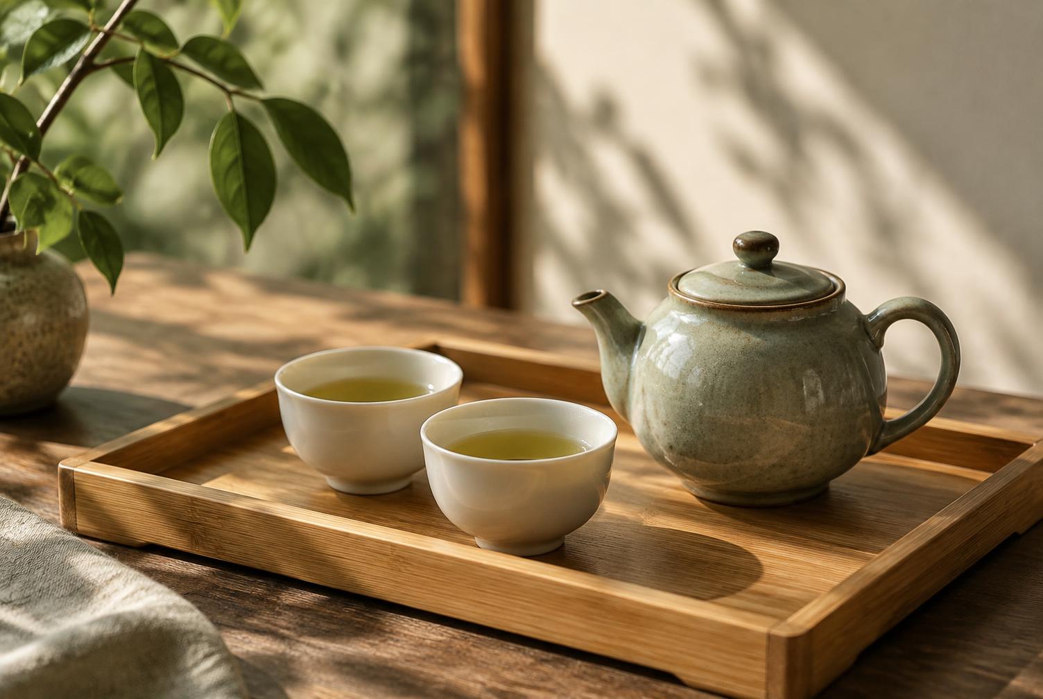Ấm gốm nhỏ và hai chén trà trên khay tre