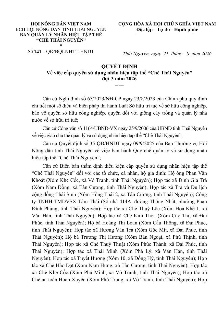Nhãn hiệu tập thể “Chè Thái Nguyên”