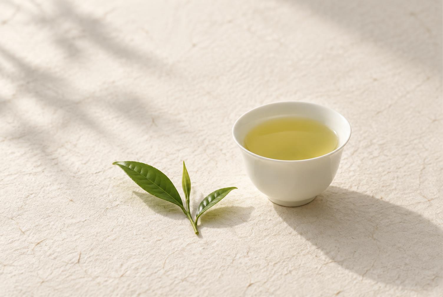 Chén trà xanh và búp chè tươi trên nền giấy