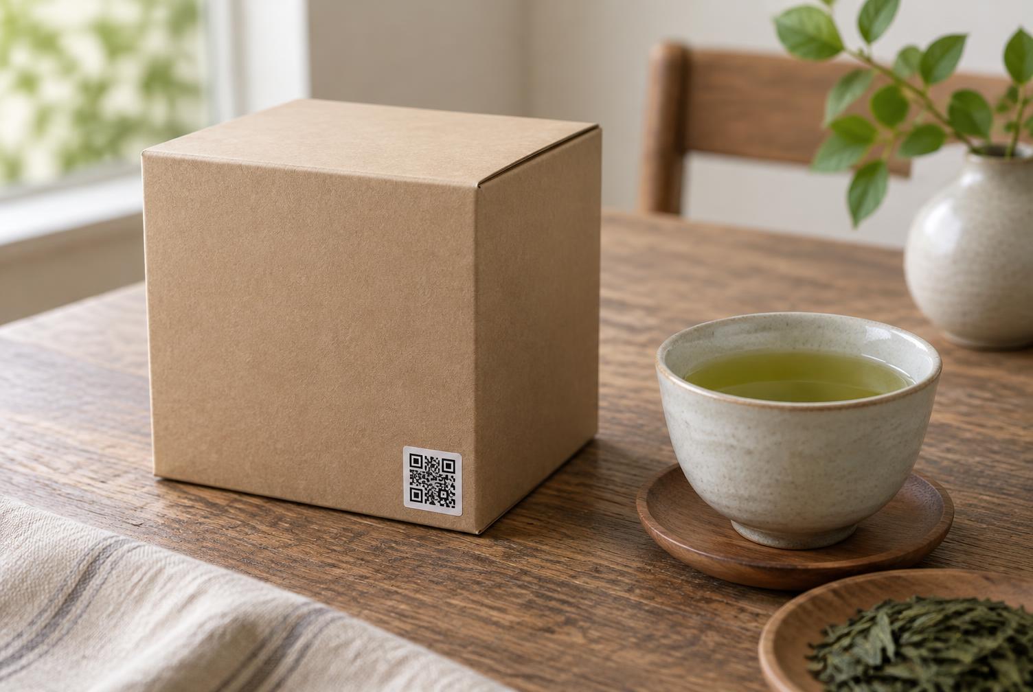 Hộp trà giấy kraft có tem mã QR minh họa