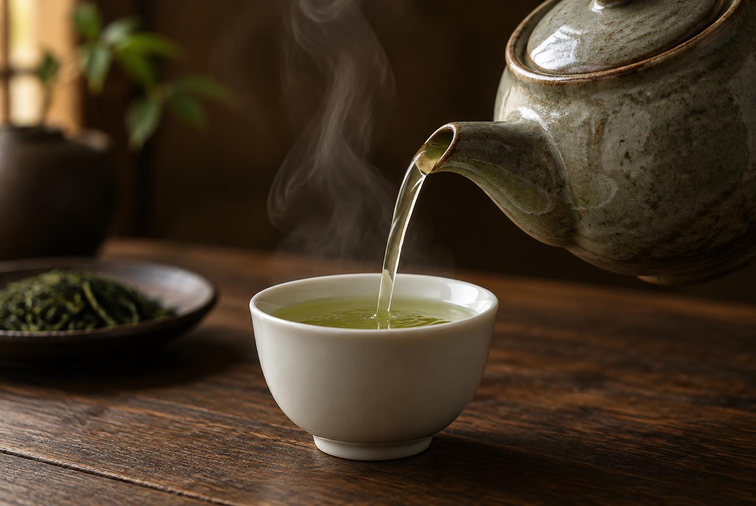 Rót trà xanh từ ấm gốm vào chén sứ