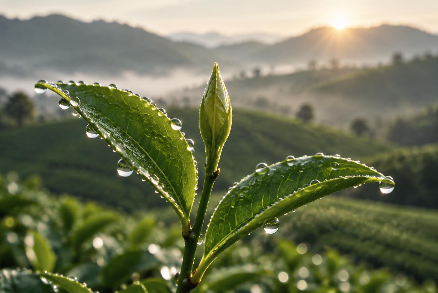 Búp chè Camellia sinensis còn đọng sương